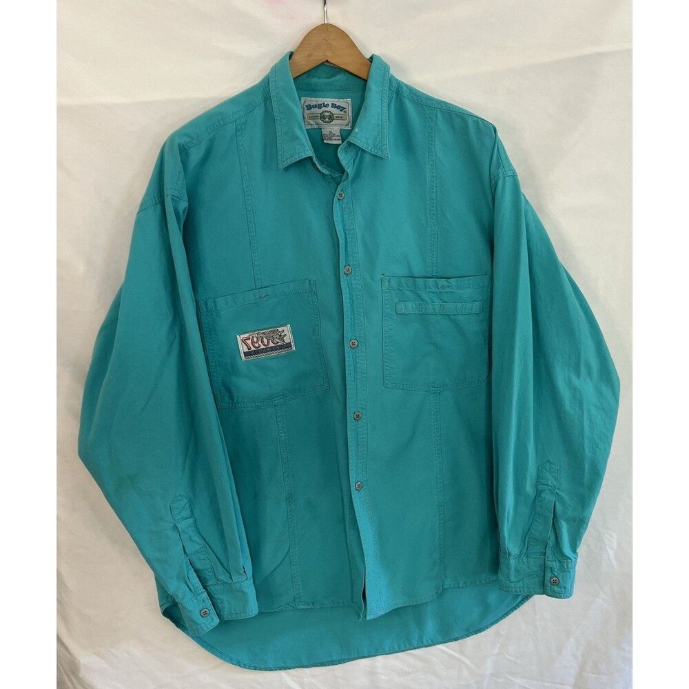 Vintage Bugle Boy Button Down Shirt XL Teal 100% Cotton Long Sleeve Casual 80's